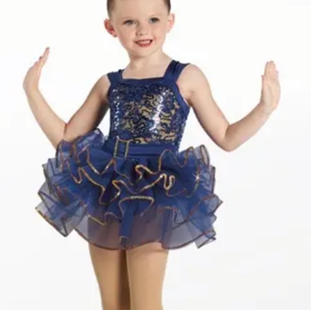 Weissman Size SC (6/6X) Navy & Gold Showtime Sequin Tutu Dance Costume #13838